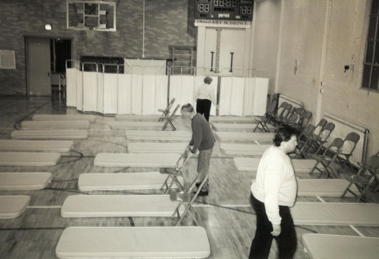 Black and white photograph of old PADS shelter