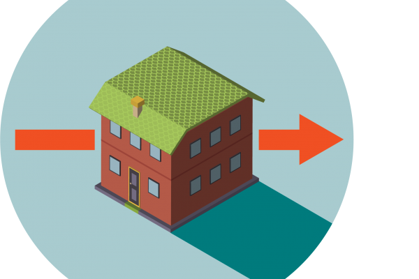 a blue circle with an illustration of a house with an arrow through it