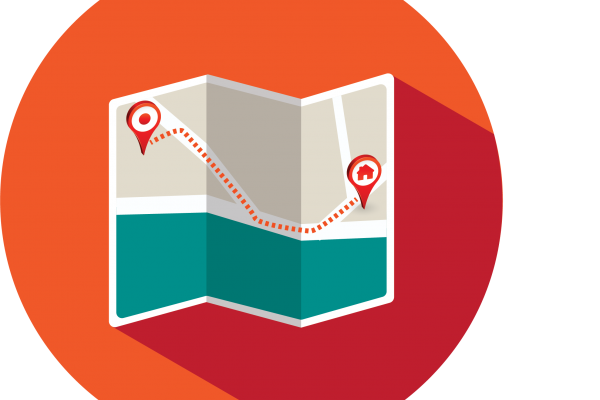 an orange circle with an illustration of a map