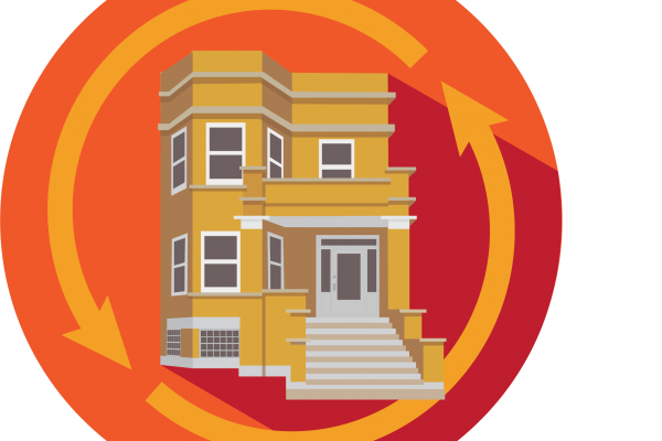 an orange circle with an illustration of a duplex