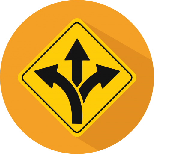 orange circle with directional road sign