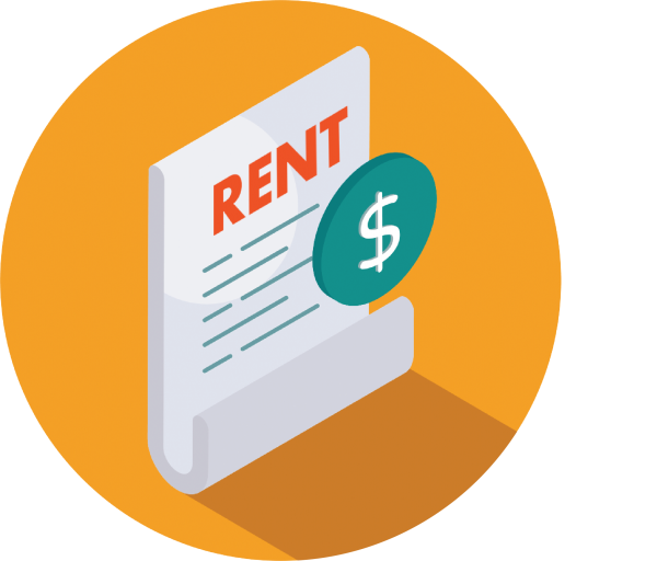 orange circle with a piece of white paper and the word RENT in orange font