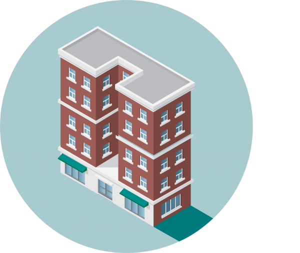 blue circle with an illustration of a brick building