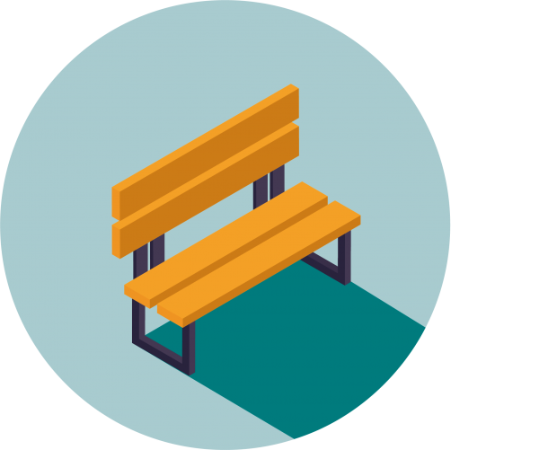 blue circle with an illustration of a bench