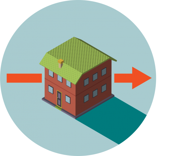 a blue circle with an illustration of a house with an arrow through it