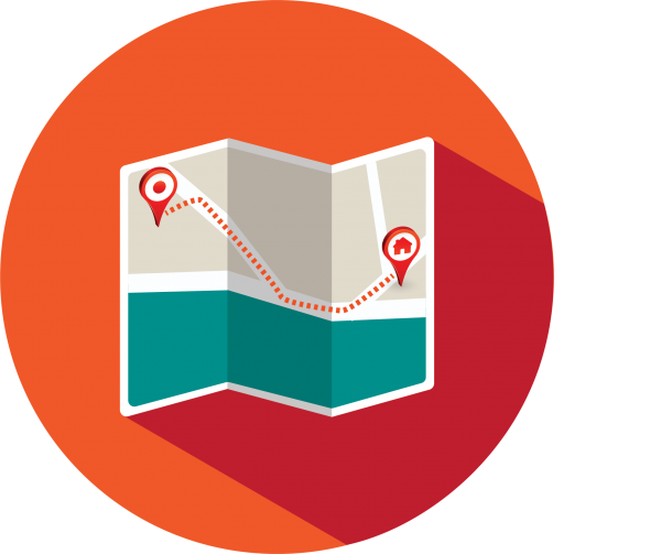 an orange circle with an illustration of a map