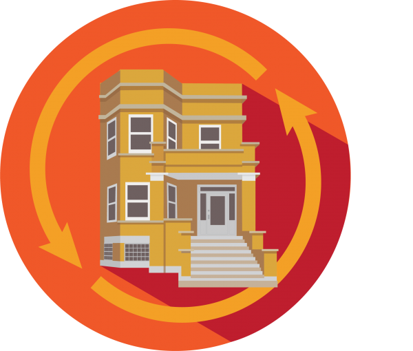 an orange circle with an illustration of a duplex